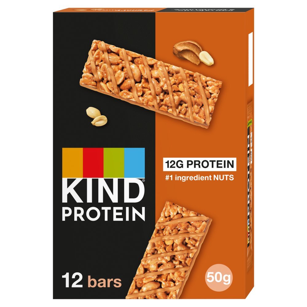 Crunchy peanut butter protein bar box, orange and black, 12 bars, 50g each