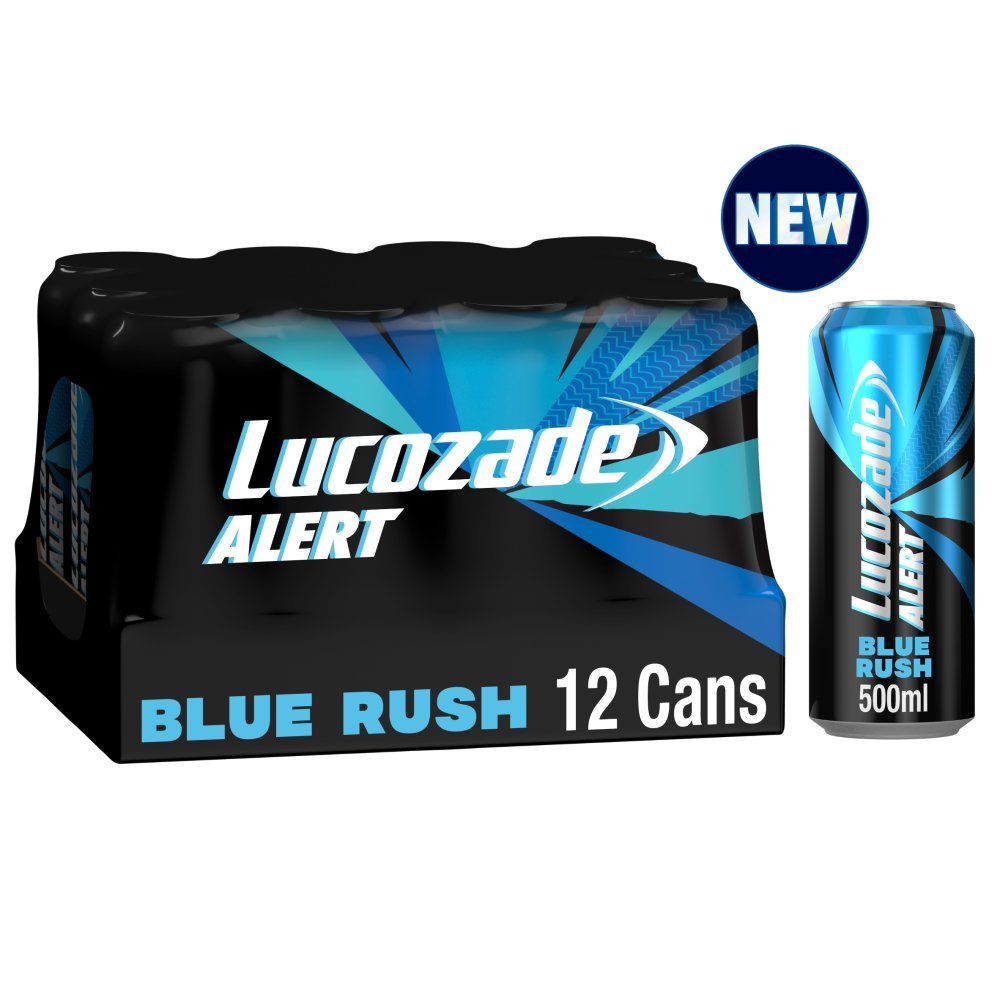 Lucozade Alert Blue Rush energy drink case with 12 blue cans, 500ml each