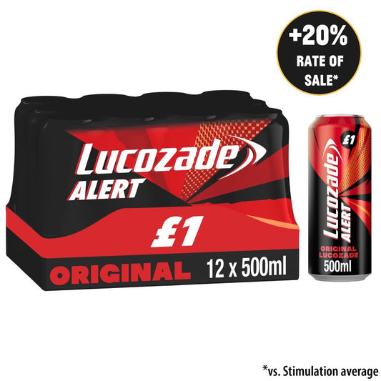 Lucozade Alert Original energy drink case, 12 x 500ml, black and red pack