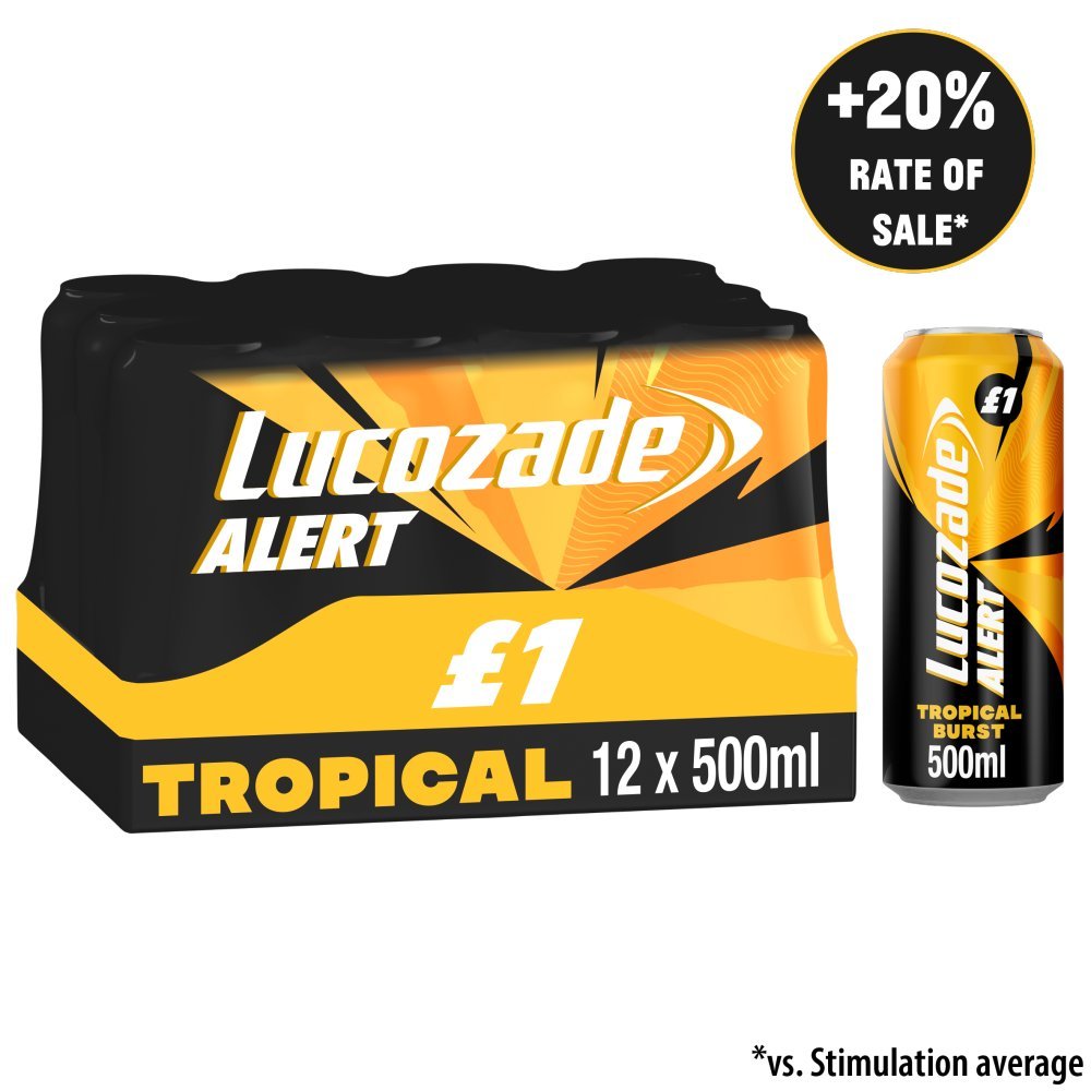 Lucozade Alert Tropical Burst energy drink case, 12 x 500ml, black and yellow