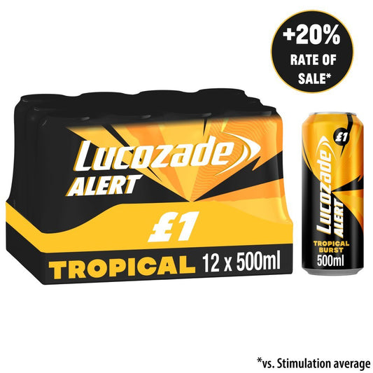 Lucozade Alert Tropical Burst energy drink case, 12 x 500ml, black and yellow