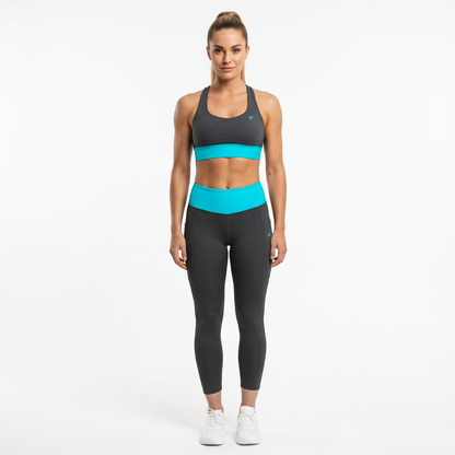 Luminous Surge Summit Blue matching sports bra and pocket leggings set