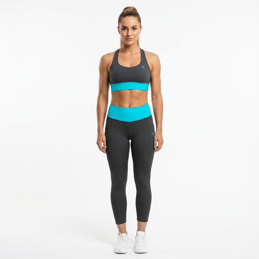 Luminous Surge Summit Blue matching sports bra and pocket leggings set