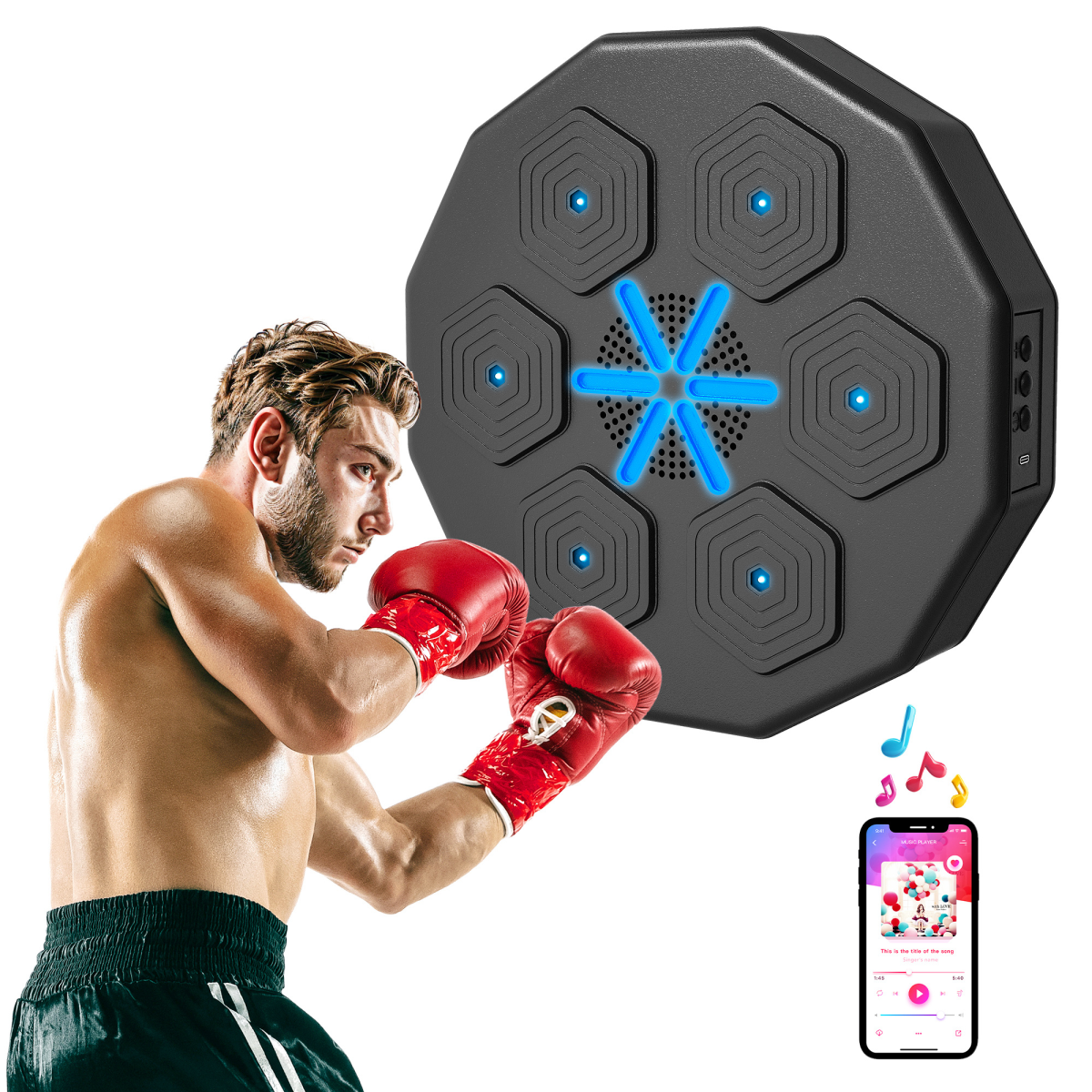 Smart music boxing machine, black base with blue LED target pads and glowing center
