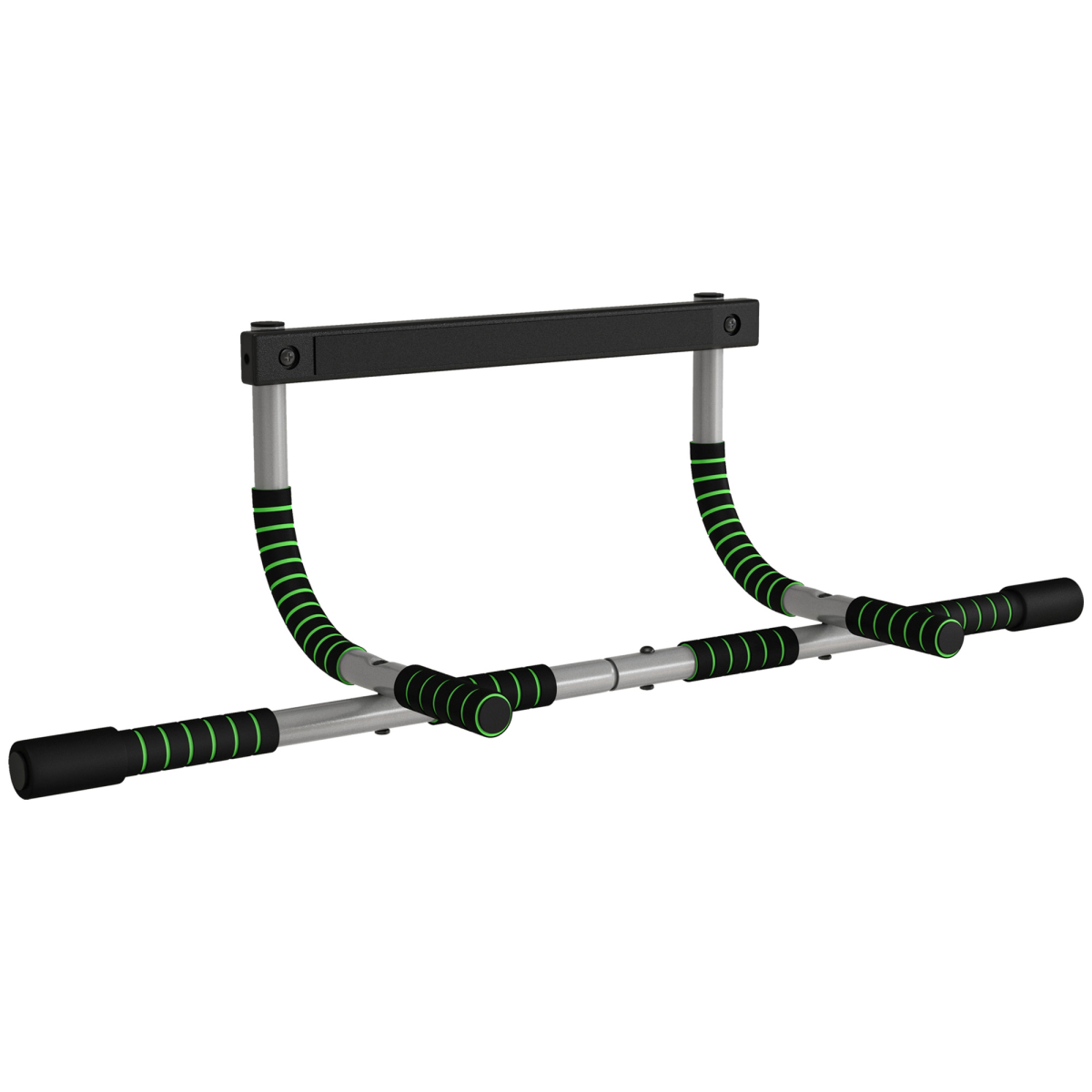 Doorway pull-up bar with padded grip handles and green-black striped foam rollers