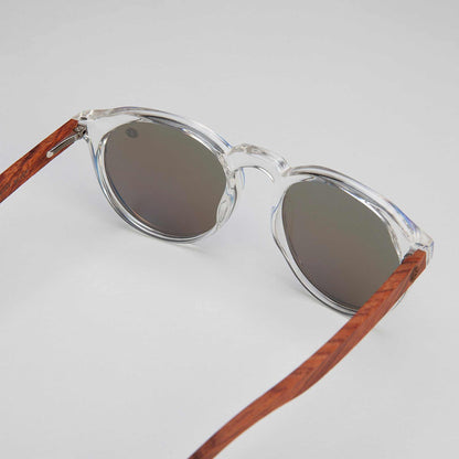 Round sunglasses close-up with clear frame, brown arms, and dark tinted lenses