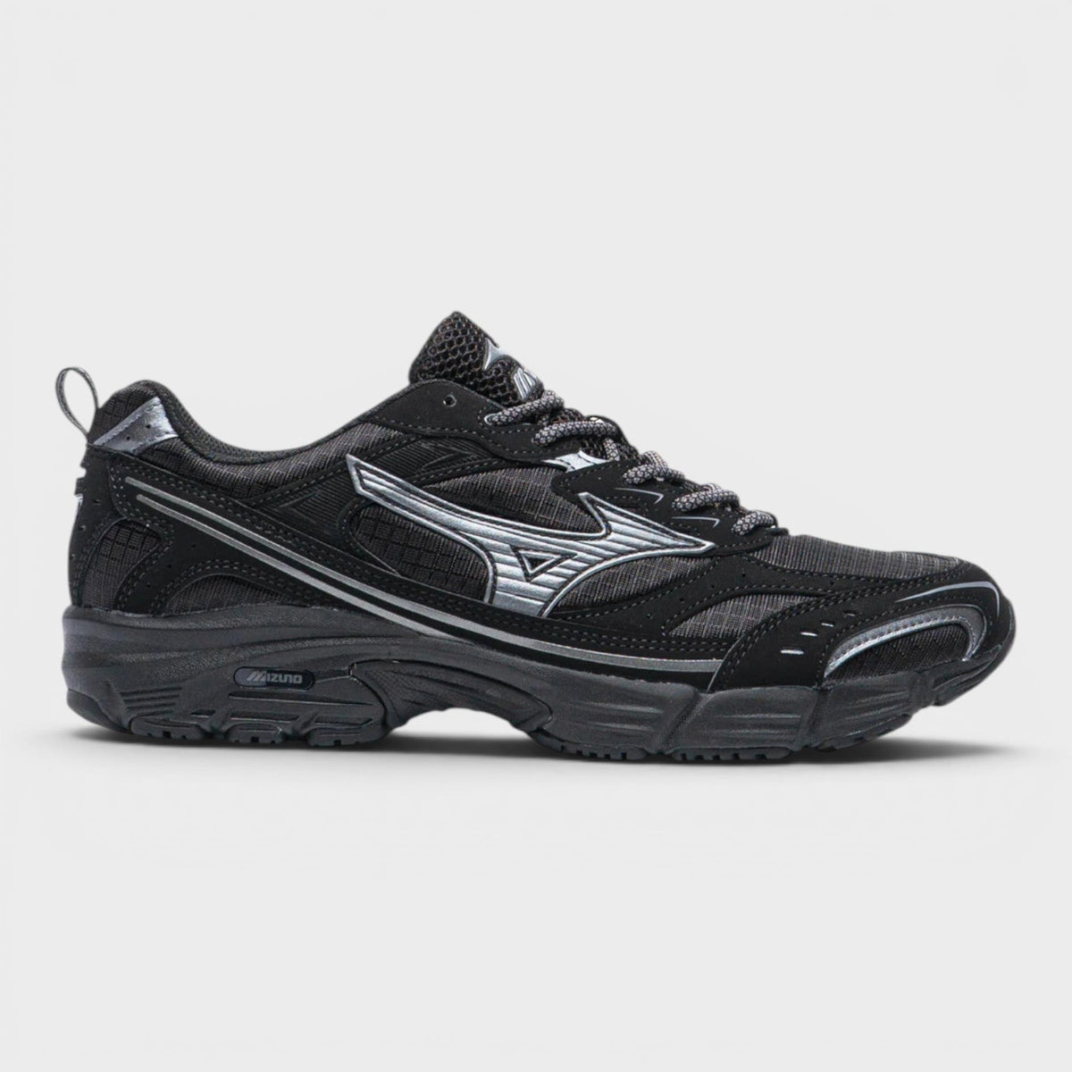 Black lace-up ripstop sneakers with metallic logo accents and chunky rubber sole