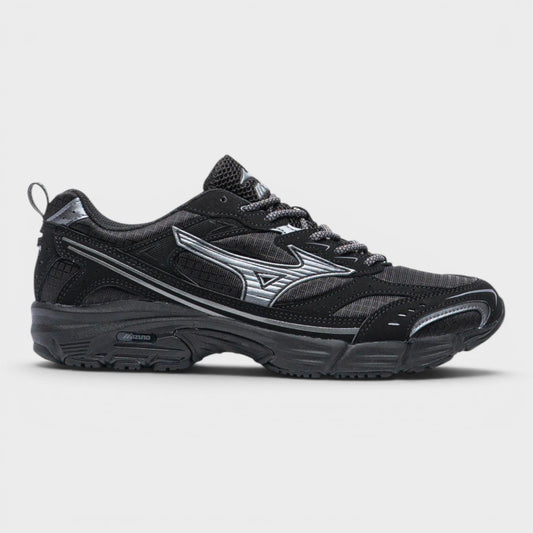 Black lace-up ripstop sneakers with metallic logo accents and chunky rubber sole