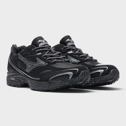 Black lace-up sneakers with metallic side logo and textured upper, chunky sole