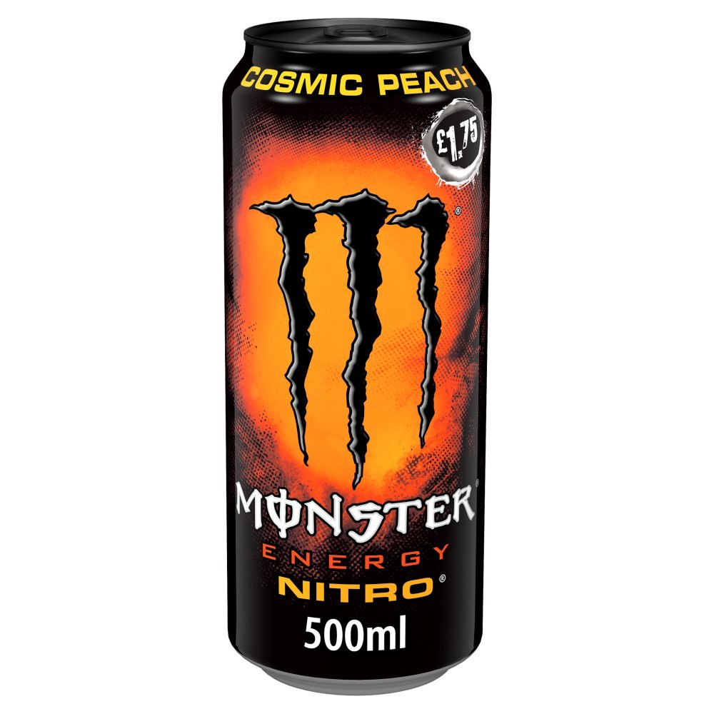 Monster Energy Nitro Cosmic Peach 500ml slim can, black with orange graphics