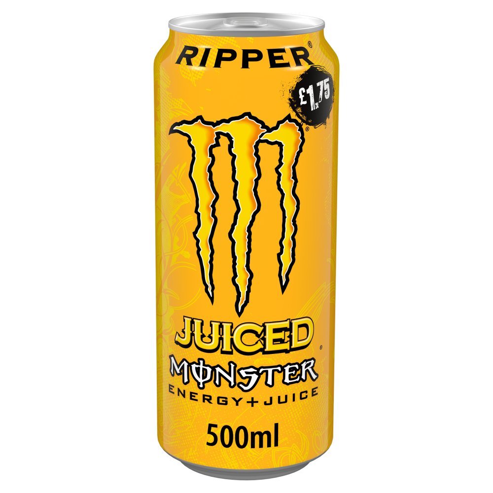 Monster Ripper energy drink can, yellow 500ml with 'Juiced' label