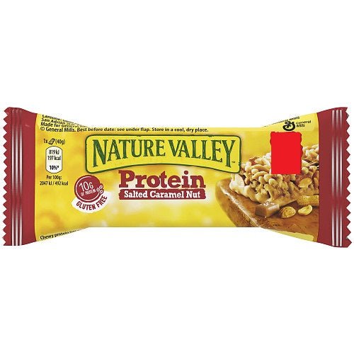 Nature Valley protein bar, wrapped yellow and red with Salted Caramel Nut label