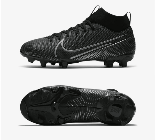 Kids Nike football boots, black textured knit upper, lace-up with studded sole