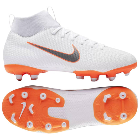 Nike kids football boots, white with orange swoosh and studded cleat sole