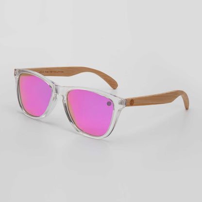 Eco friendly sunglasses with clear frame and pink mirrored lenses