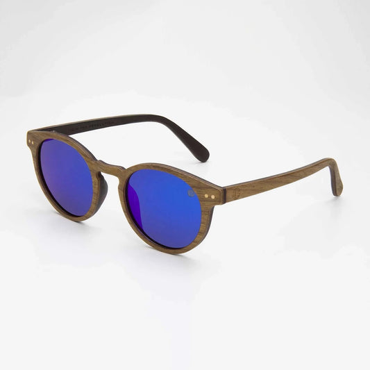 Wooden frame sunglasses with blue mirrored lenses and dark arms