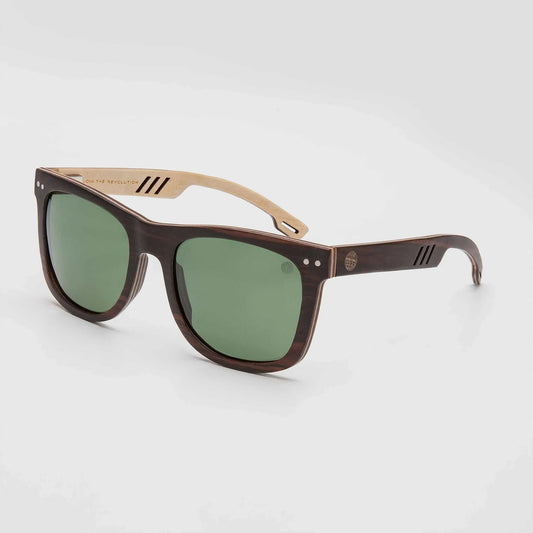 Brown acetate sunglasses with polarized green lenses and metal logo bridge