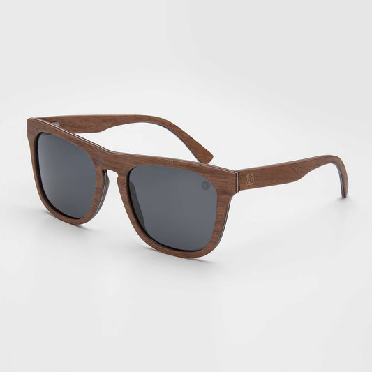 Wood-look frame polarised sunglasses with dark gray lenses and squared cat-eye shape
