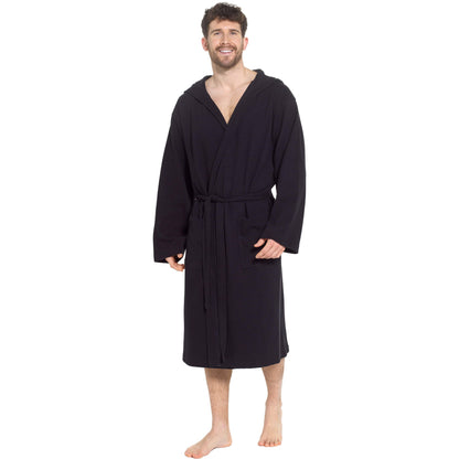 Black men's hooded cotton bathrobe, waffle-textured, tie belt with front pockets