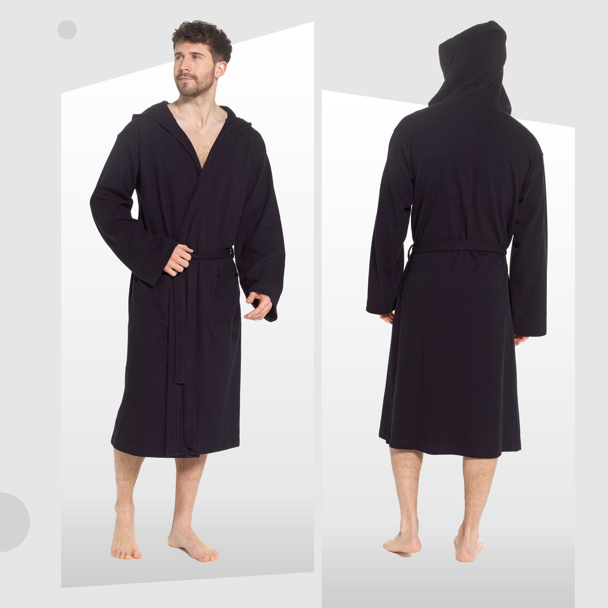Black men's hooded bathrobe back view, tie belt and patch pockets