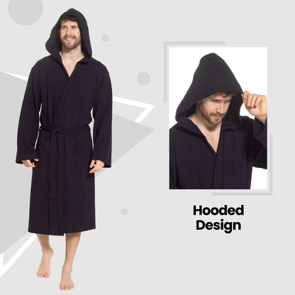 Black men's hooded bathrobe with V-neck wrap front and tie belt