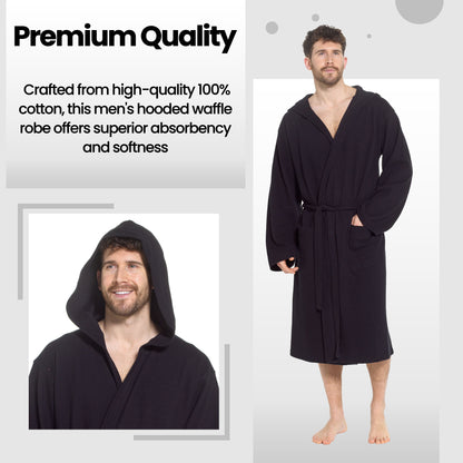 Black men's hooded bathrobe with deep hood, long sleeves, and tie belt