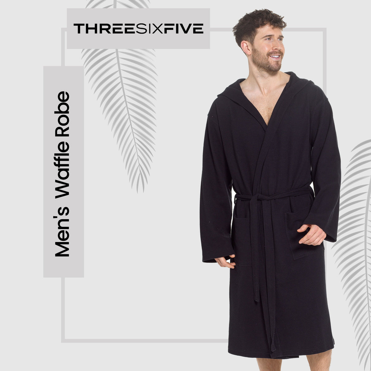 Black men's waffle-textured hooded bathrobe with tie belt and side pockets