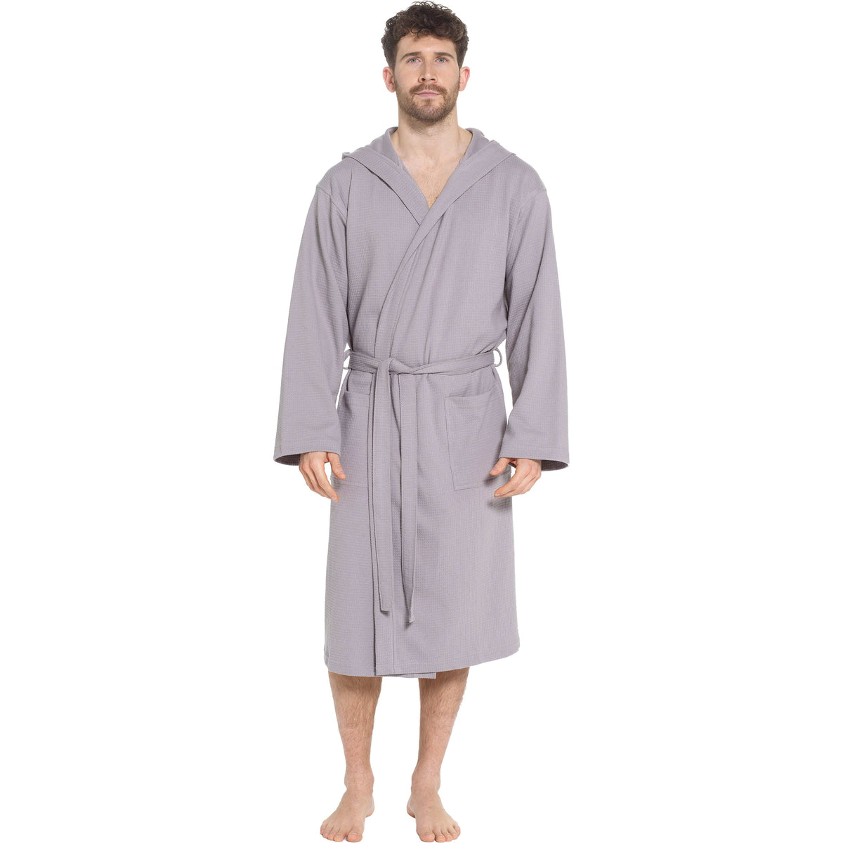 Men's grey hooded cotton bathrobe, waffle texture, tie belt, shawl collar