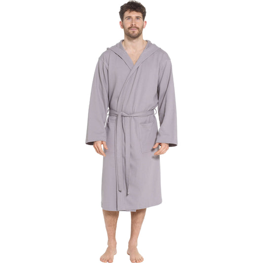 Men's grey hooded cotton bathrobe, waffle texture, tie belt, shawl collar
