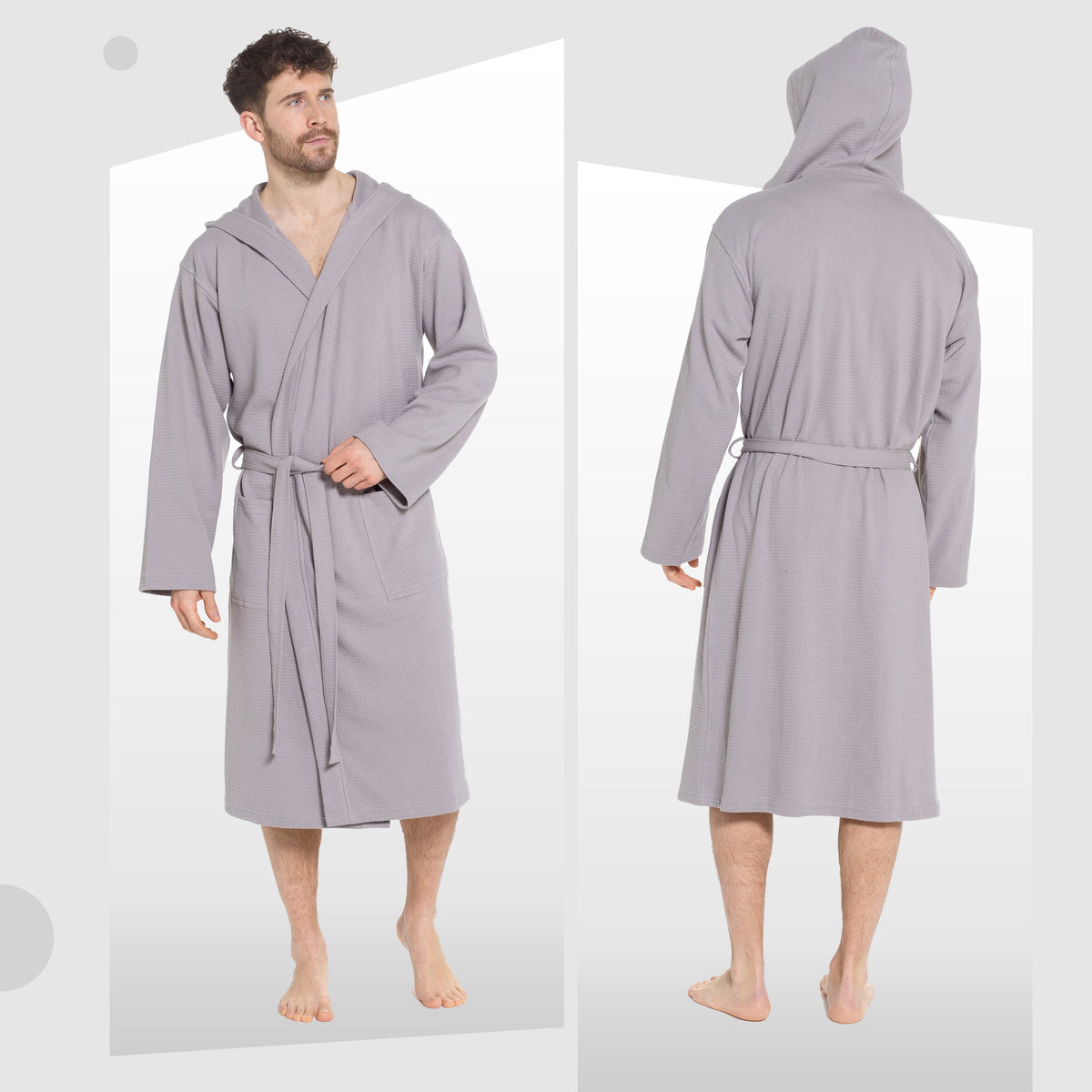 Men's grey hooded bathrobe with tie belt, shawl collar, mid-calf length