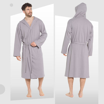 Men's grey hooded bathrobe with tie belt, shawl collar, mid-calf length