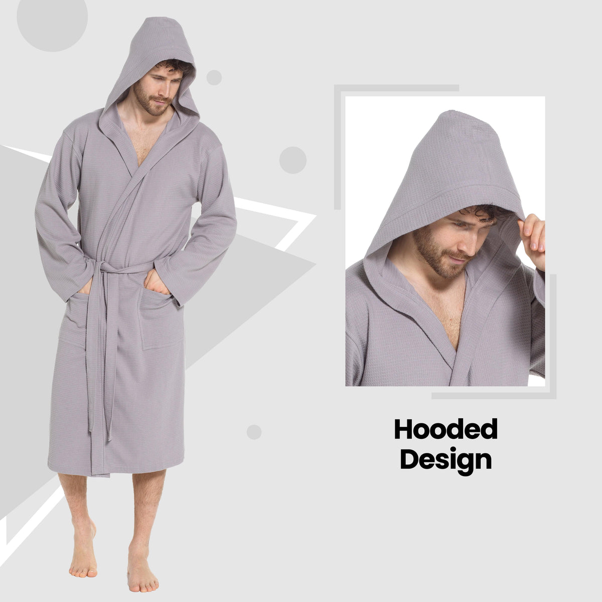 Men's grey hooded bathrobe with shawl collar and tie belt, close-up hood detail