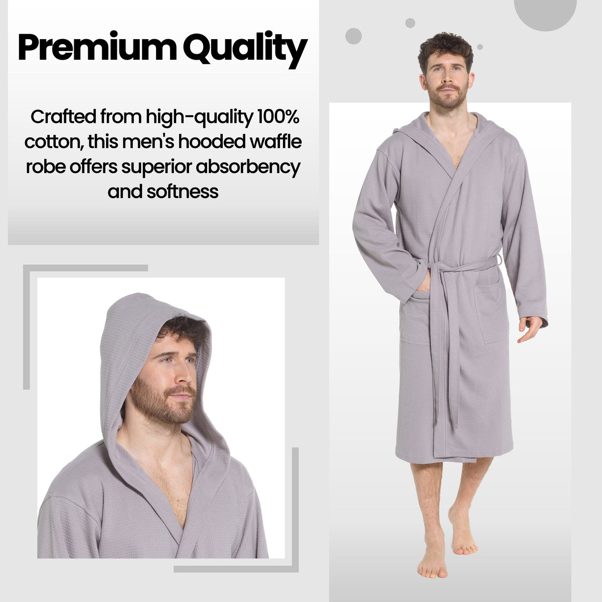 Men's grey hooded cotton bathrobe with tie belt and front pocket, mid-calf length
