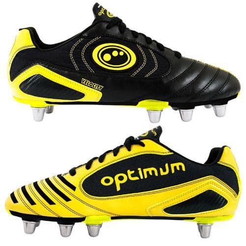 Optimum Velocity rugby boot in black with yellow trim, lace-up with studded outsole.