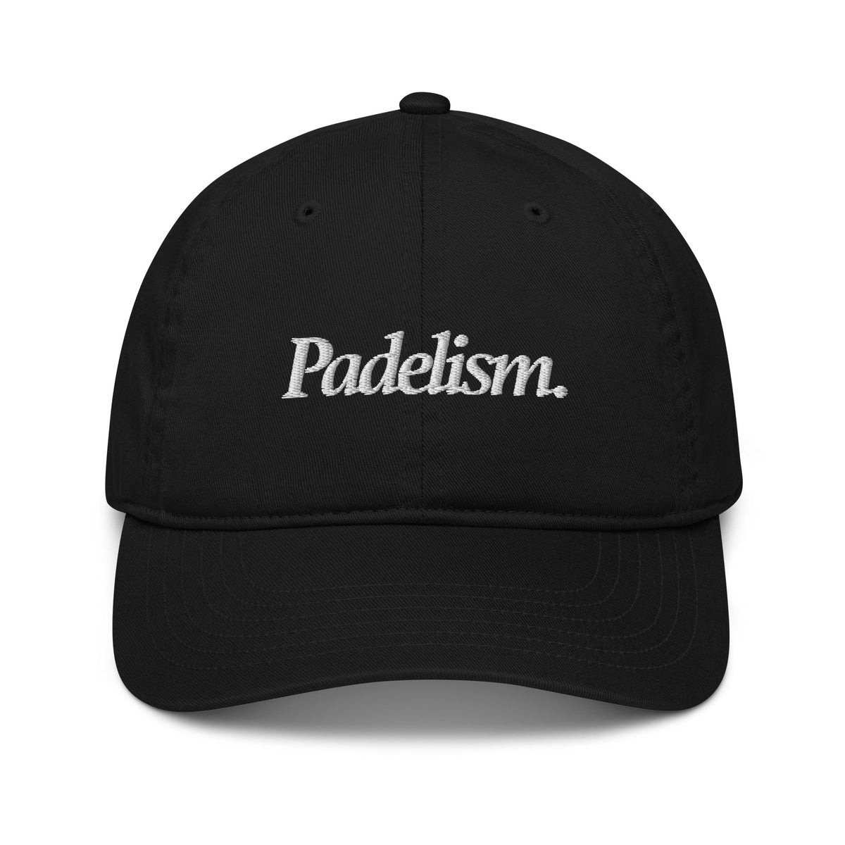 Organic dad hat, black fabric with white Padelism logo on front panel