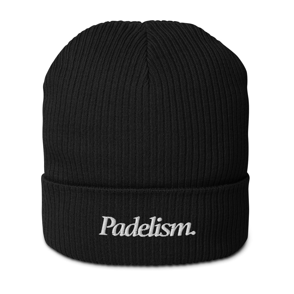 Black ribbed knit beanie with folded cuff and Padelism logo patch