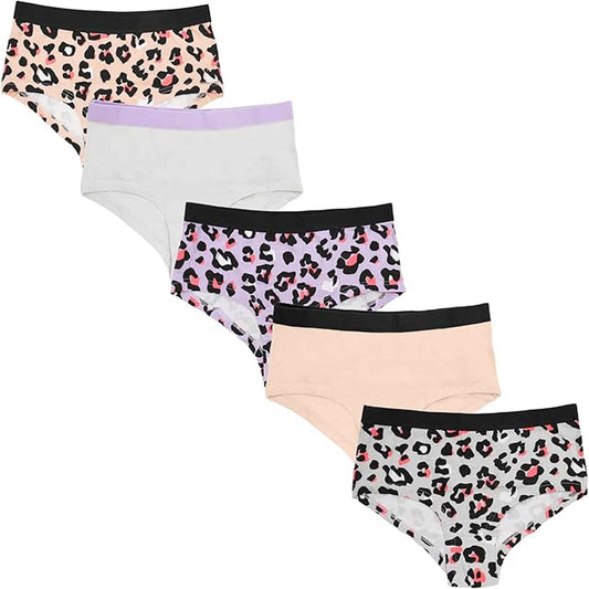 Girls cotton underwear briefs set with leopard print, beige, and white solids