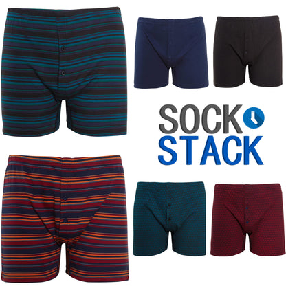 Men's Jersey Boxer Shorts Pack Of 6, Classic Fit Underwear With Printed Design, Button Fly, Elastic Waistband