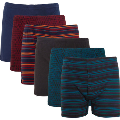 Men's Jersey Boxer Shorts Pack Of 6, Classic Fit Underwear With Printed Design, Button Fly, Elastic Waistband