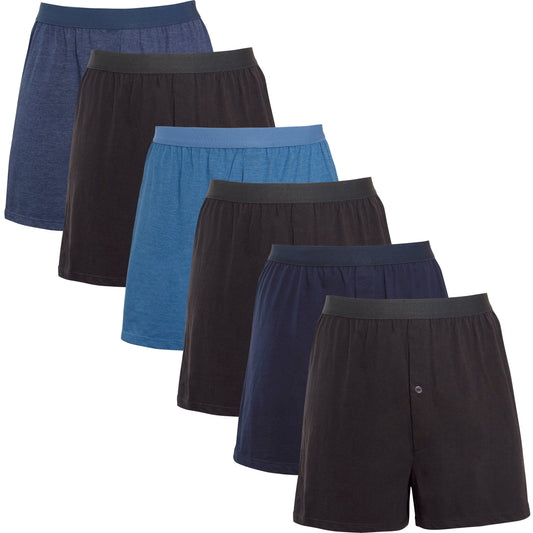 Men's Boxer Shorts Pack Of 6 Loose Fit Cotton-Blend Jersey With Button Fly And Elastic Waistband For All-Day Comfort And Breathability