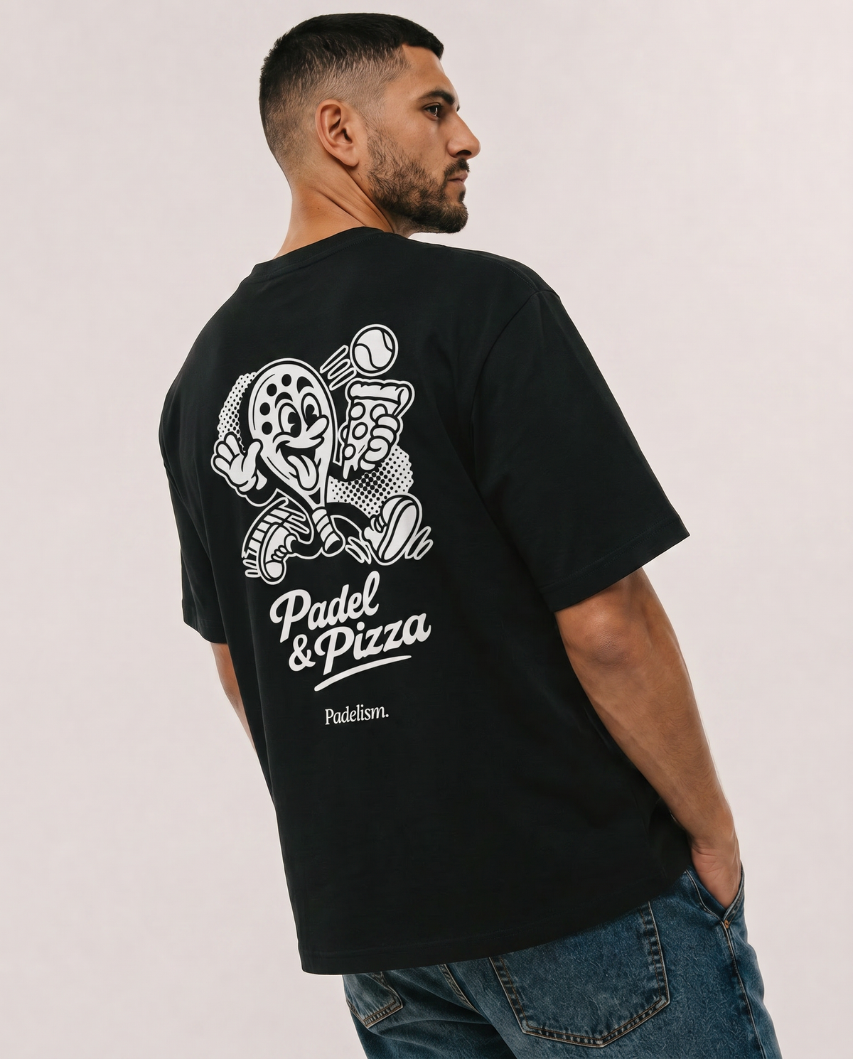 Black heavyweight T-shirt with large 'Padel & Pizza' back graphic