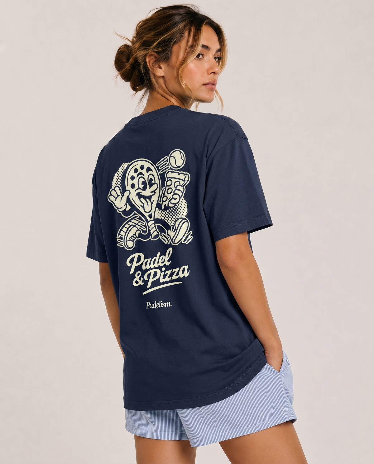 Navy heavyweight T-shirt with large back Padel & Pizza graphic, short sleeves