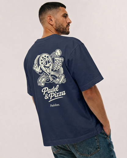 Navy heavyweight T-shirt with large back Padel & Pizza graphic, crew neck, side view