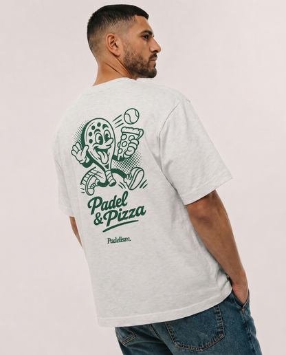Gray heavyweight T-shirt with large back "Padel & Pizza" graphic logo
