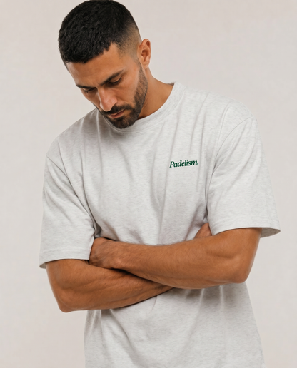 White heavyweight T-shirt with Padelism. chest logo, crew neck, short sleeves