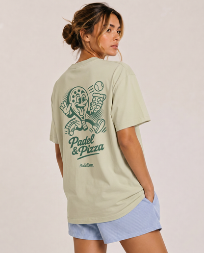 Sage heavyweight T-shirt with large back Padel & Pizza graphic, crew neck, short sleeves