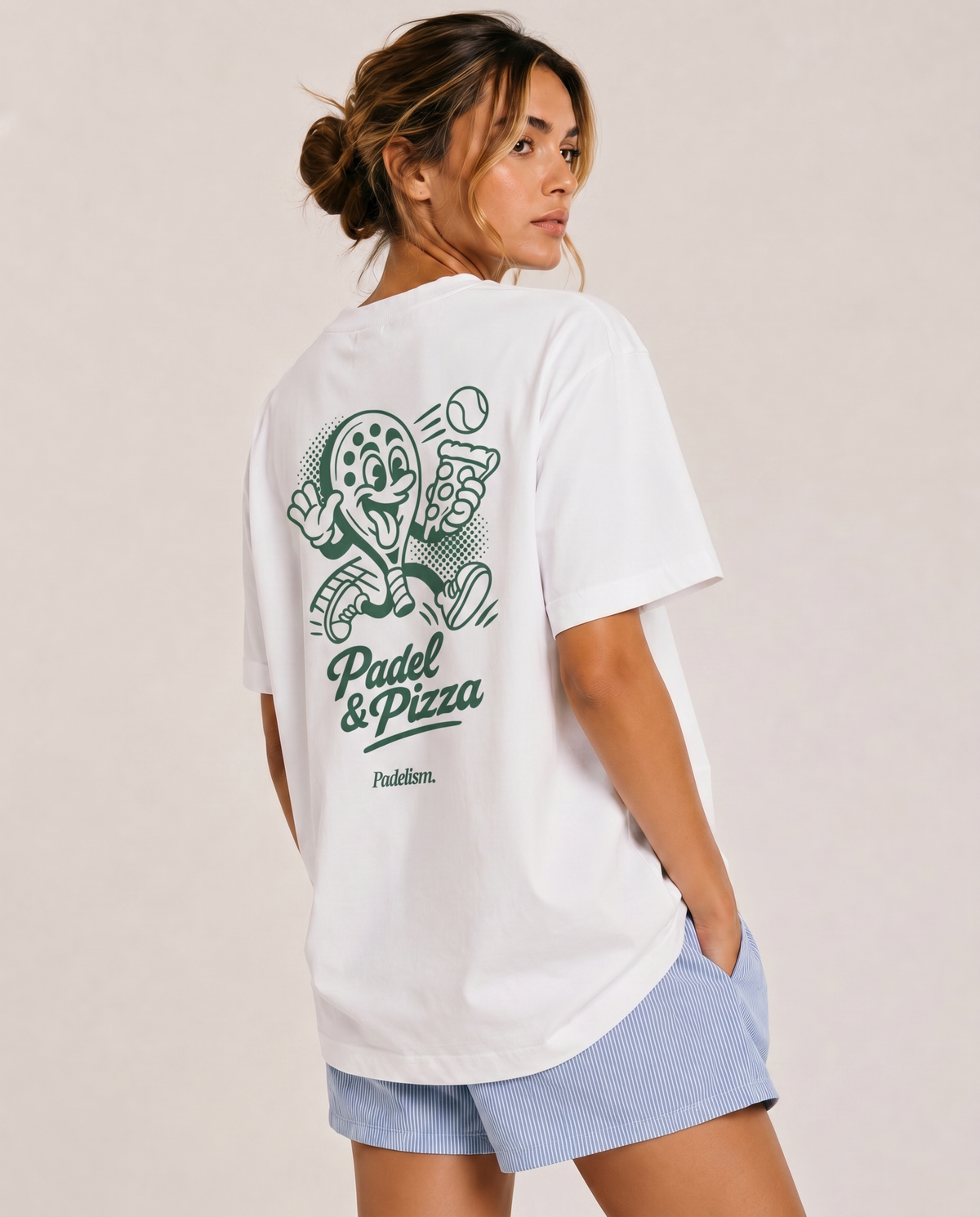 White heavyweight T-shirt with large back "Padel & Pizza" graphic logo