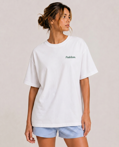 White heavyweight T-shirt with small chest "Padelism." logo