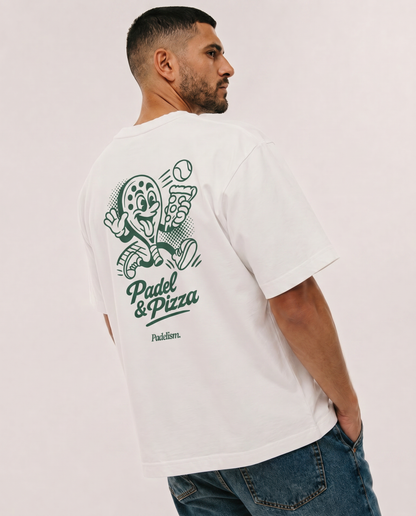 White heavyweight T-shirt with large back "Padel & Pizza" graphic logo