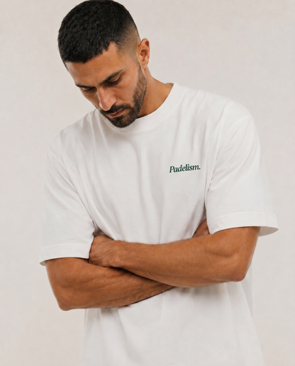 White heavyweight T-shirt with small chest "Padelism." logo
